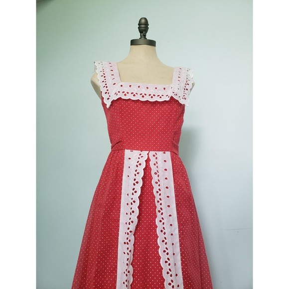 VTG 70s Jay's Maxi Dress Red Polka Dot Eyelet Lace Prairie Cottagecore Waist Tie - Picture 7 of 10